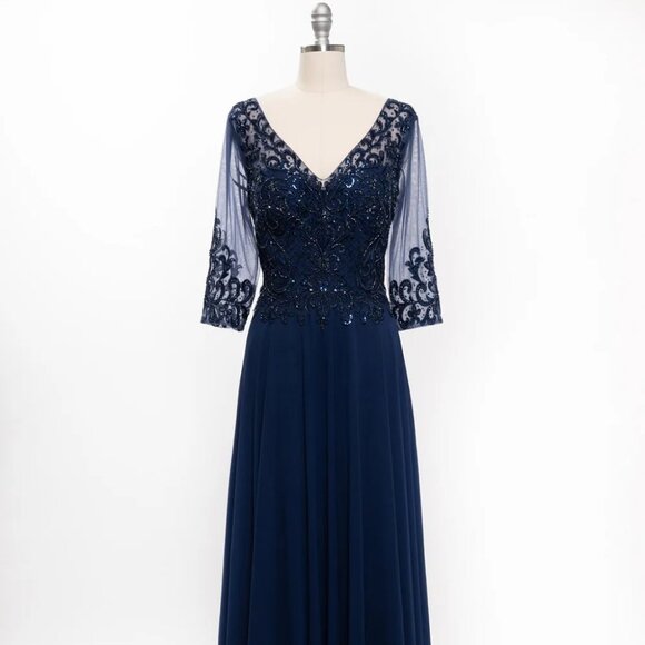 New A-Line Formal Long MOB Gown w/ 3/4 Sleeves & Rhinestones Embroidery TC M2722 - Picture 3 of 8